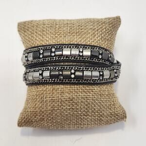 Stella and Dot Cady Wrap Leather Bracelet Black Silver Adjustable Edgy Biker